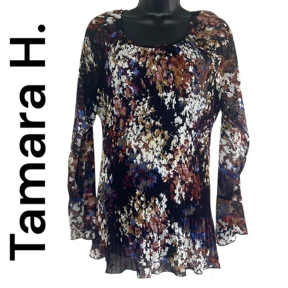 Tamara H. Floral Print Pleated Long Sleeve Semi Sheer Blouse Size L - Picture 1 of 15